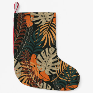 Trend seamless tropical pattern with bright orange small christmas stocking