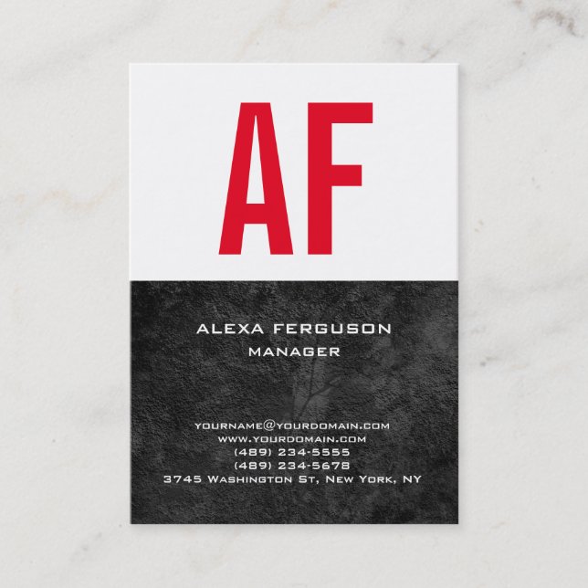 Trend unique plain simple black white red monogram business card (Front)