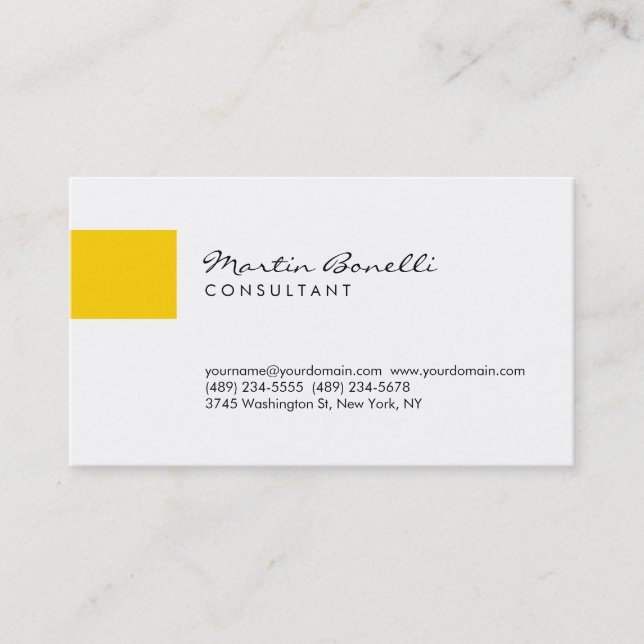 Trend Yellow White Minimalist Script Business Card (Front)