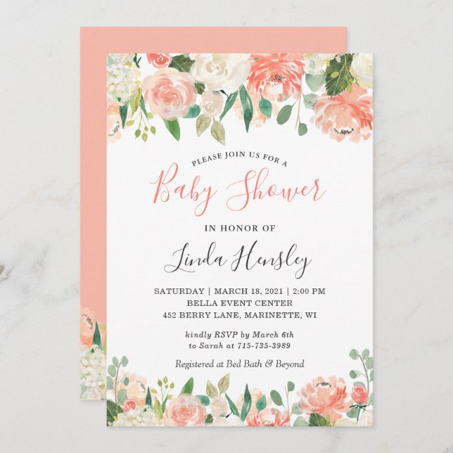 Trending Coral and Peach Floral Baby Shower Invitation (Front/Back)