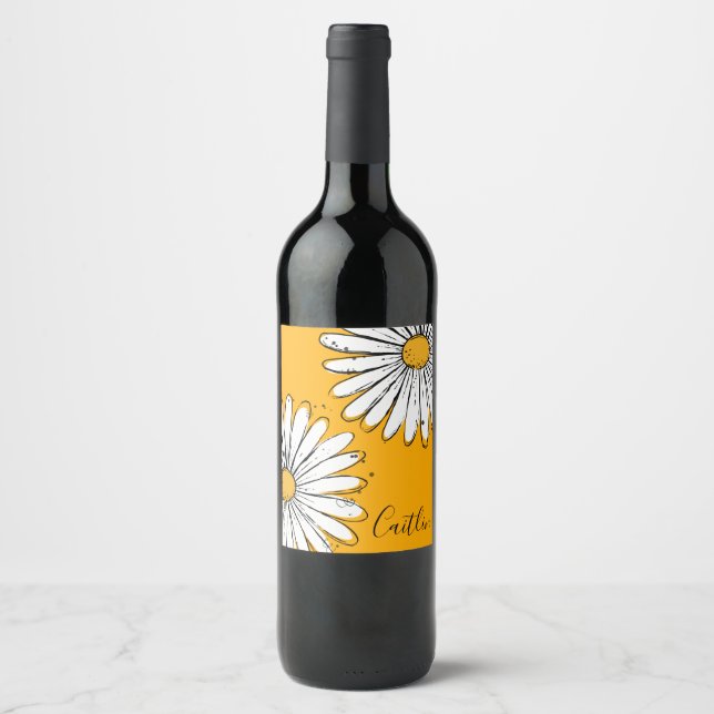 Trending Daisy Orange inky art Wine Label (Front)