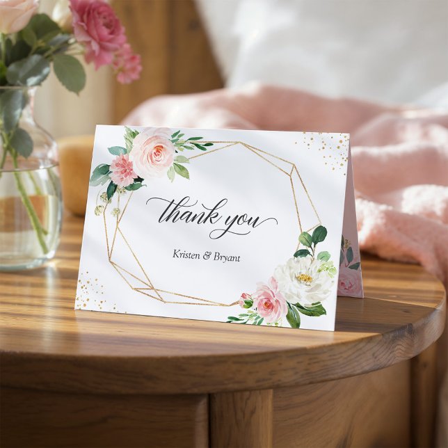 Trending Geometric Gold Frame Blush Pink Floral Thank You Card (Creator Uploaded)