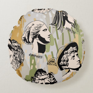 Trending Greek Gods Art Portrait Seamless Pattern. Round Cushion