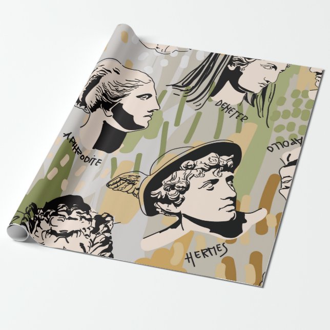Trending Greek Gods Art Portrait Seamless Pattern. Wrapping Paper (Unrolled)
