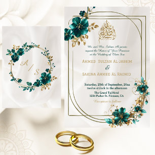 Trending Green Gold Floral Border Islamic Wedding  Invitation