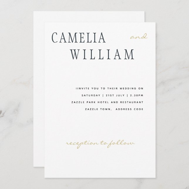 Trending Modern Wedding Midnight Blue Gold Text Invitation (Front/Back)