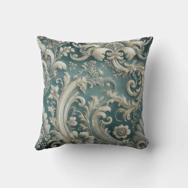 Trending Teal Intricate Floral & Swirling Pattern Cushion (Back)