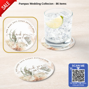 Trending Terracotta Pampas Grass Wedding Round Paper Coaster