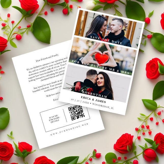 Trendsetting QR Modern Minimalist Collage 3 Photos Save The Date (Trendsetting Minimalist Collage of 3 Modern Photos Save the Date Card with Envelope.)