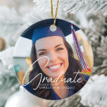 Trendy 2023 Graduation 2 Photo Custom Christmas Ceramic Ornament<br><div class="desc">This trendy double sided graduation Christmas ornament gift features sophisticated handwritten white script over a chic full photo of your graduate. Customise this grad keepsake with a high school,  college,  or university photograph on the front and back.</div>