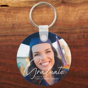 Trendy 2023 Graduation Photo White Script Custom Key Ring