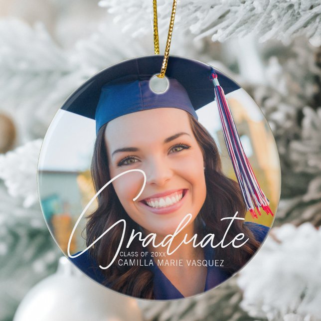 Trendy 2024 Graduation 2 Photo Custom Christmas Ceramic Ornament (Creator Uploaded)