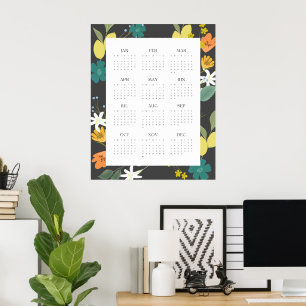 Trendy 2025 Charcoal Wildflower 12 Month Calendar Poster