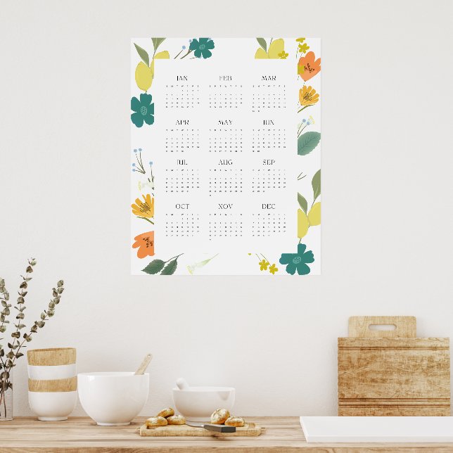 Trendy 2025 Colourful Wildflower 12 Month Calendar Poster (Kitchen)