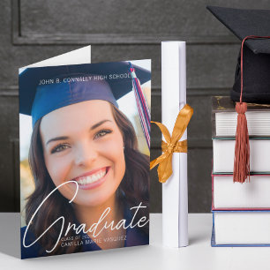 Trendy 2025 Graduation Photo White Script Folded Announcement