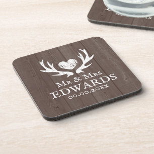 Trendy 2025 wedding vintage deer antler brown wood coaster