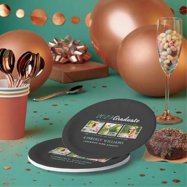 Trendy 3 Photo Collage Graduation Party Paper Plate (Multi)
