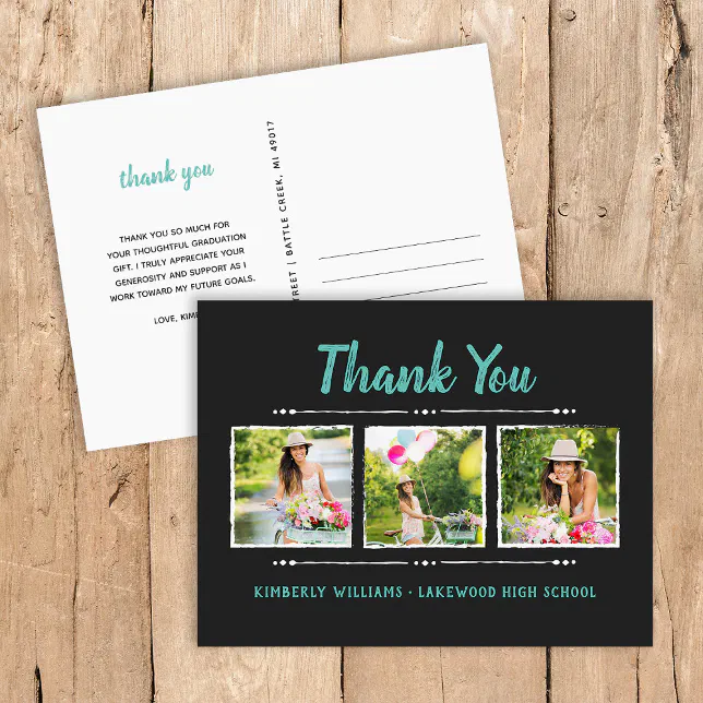 Trendy 3 Photo Collage Graduation Thank You Postcard | Zazzle
