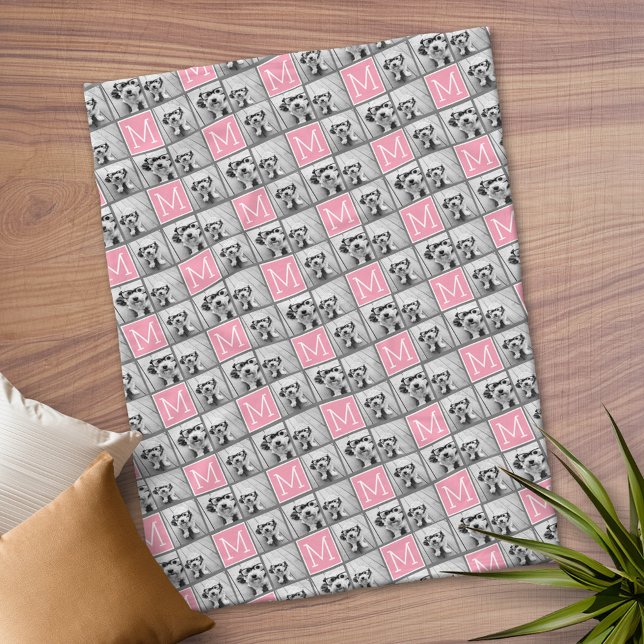 Trendy 3 Photo Collage Grey Pink Monogram Fleece Blanket (Personalized Fleece Blanket)