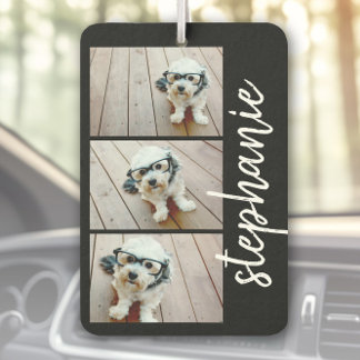 Trendy 3 Photos black & white modern script name Car Air Freshener