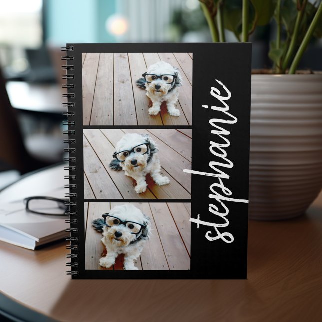 Trendy 3 Photos black & white modern script name Notebook (Personalized notebook - add photos and your name or other text)