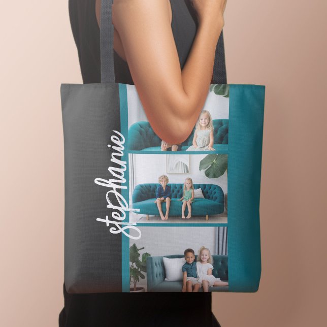 Trendy 3 Photos black & white modern script name Tote Bag (Personalized tote bag with photo and text)