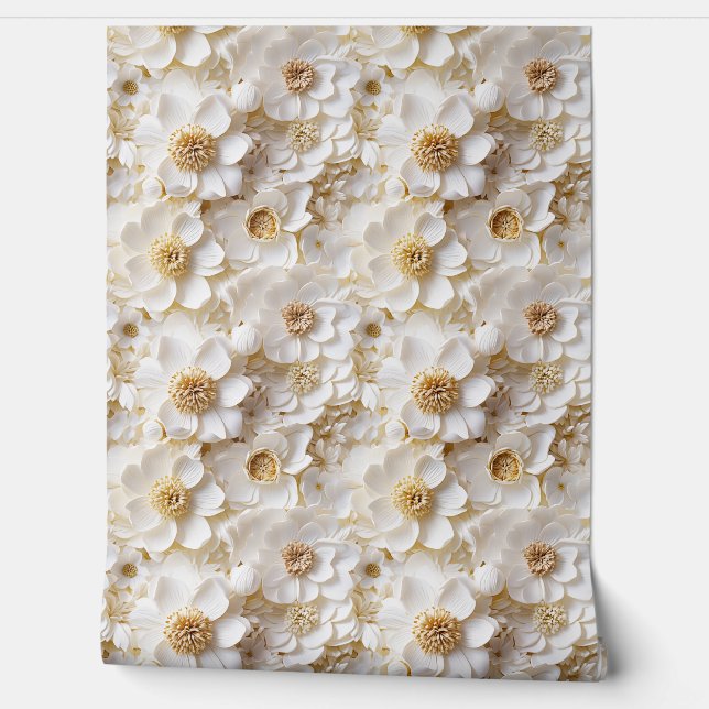 Trendy 3d white and gold flowers spring floral wallpaper (Unrolling)