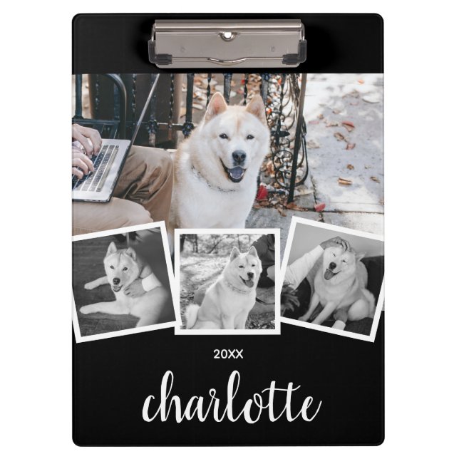 Trendy 4 Photo Collage Script Name White Black Clipboard (Front)
