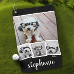 Trendy 4 Photo Collage Script Name White Black Golf Towel<br><div class="desc">A golf towel with a custom photo collage is a unique and personalised accessory that combines practicality with sentimental value on the course. It effectively cleans clubs, balls, and hands while featuring a vibrant, high-quality print of cherished memories—family moments, scenic golf courses, or favourite tournament snapshots. The custom collage adds...</div>