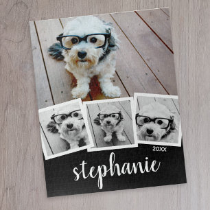 Trendy 4 Photo Collage Script Name White Black Jigsaw Puzzle
