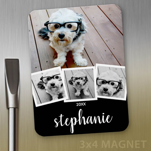 Trendy 4 Photo Collage Script Name White Black Magnet (Personalized fridge magnet - add photos and custom text)