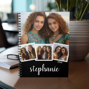 Trendy 4 Photo Collage Script Name White Black Notebook