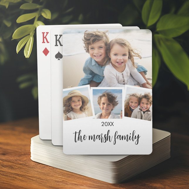 Trendy 4 Photo Collage Script Name White Black Playing Cards (Custom Poker Playing Cards)