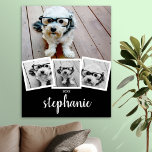 Trendy 4 Photo Collage Script Name White Black Poster<br><div class="desc">Black and White - Use up to 4 square photos to create a unique and personal gift. Or you can keep the hipster puppy and make a trendy keepsake. If you need to adjust the pictures,  click on the customize tool to make changes.</div>