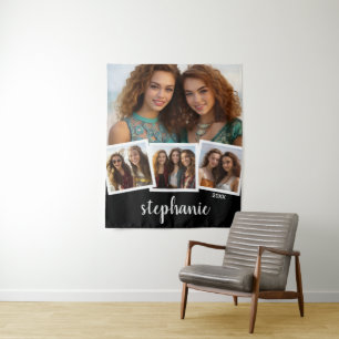 Trendy 4 Photo Collage Script Name White Black Tapestry