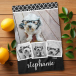 Trendy 4 Photo Collage Script Name White Black Tea Towel<br><div class="desc">You can use square or selfie photos for this design. Use four square photos to create a unique and personal gift. Or you can keep the hipster puppy and make a trendy keepsake. If you need to adjust the pictures,  click on the customize tool to make changes.</div>