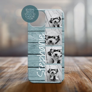 Trendy 4 Photos and Name - Blue Wood print Case-Mate iPhone 14 Case