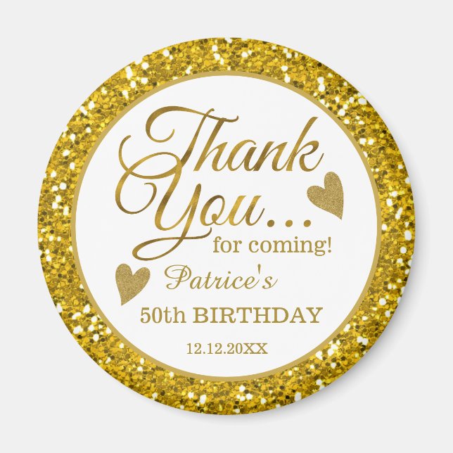 Trendy 50th Birthday Party Gold Glitter Thank You Magnet (Front)