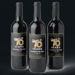 Trendy 70th Birthday Party Wine Label<br><div class="desc">Custom elegant 70th birthday party wine bottle labels featuring a trendy black background that can be changed to any colour,  gold sparkly glitter,  seventieth gold hellium balloons,  and a modern text template that is easy to personalise.</div>