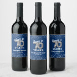 Trendy 70th Birthday Party Wine Label<br><div class="desc">Custom elegant 70th birthday party wine bottle labels featuring a trendy blue background that can be changed to any colour,  silver sparkly glitter,  seventieth silver hellium balloons,  and a modern text template that is easy to personalise.</div>