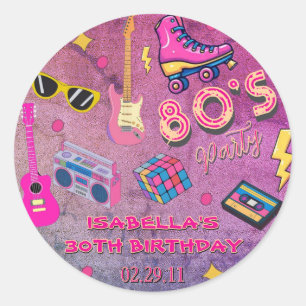 Trendy 80's Birthday Party Retro Pink Purple  Classic Round Sticker