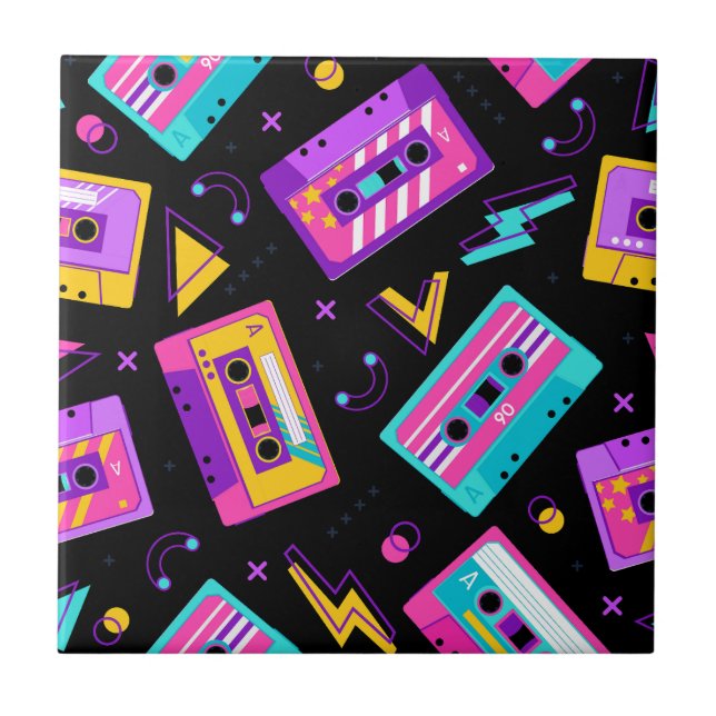 Trendy 80s Retro Cassette Pattern  Ceramic Tile (Front)