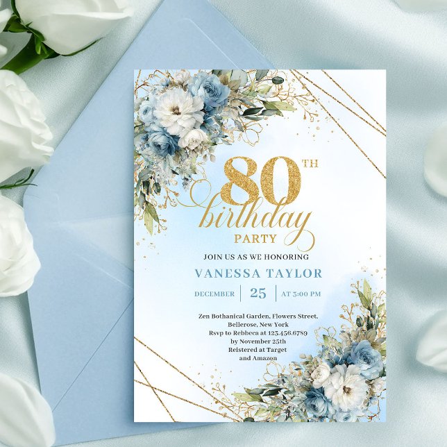 Trendy 80th Birthday Invitation Blue White Florals (Trendy 80th Birthday Invitation Blue White Florals Boho)