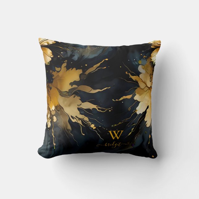 trendy abstract black gold marble cushion (Front)