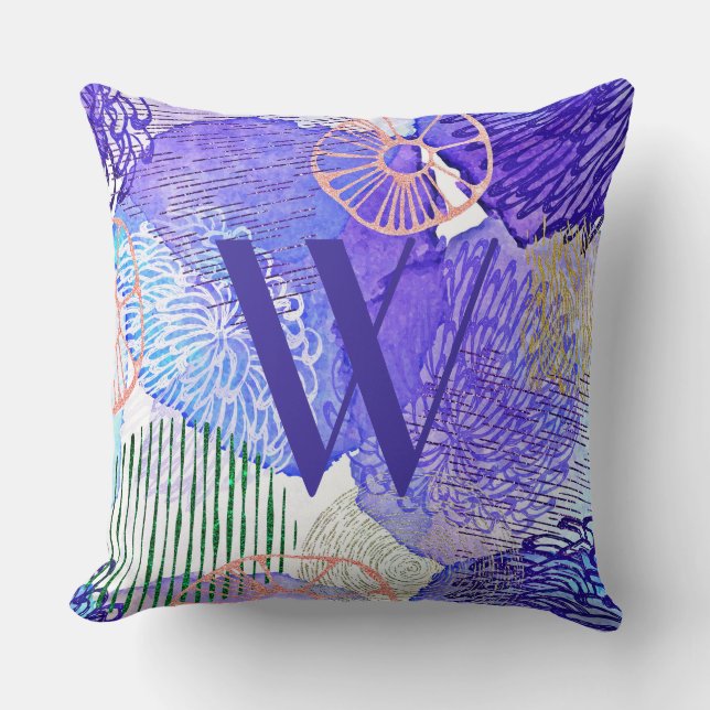Trendy Abstract Blue Purple Monogram Throw Pillow (Front)