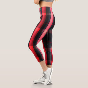 Trendy Abstract Red Black Plaid Collection Capri Leggings