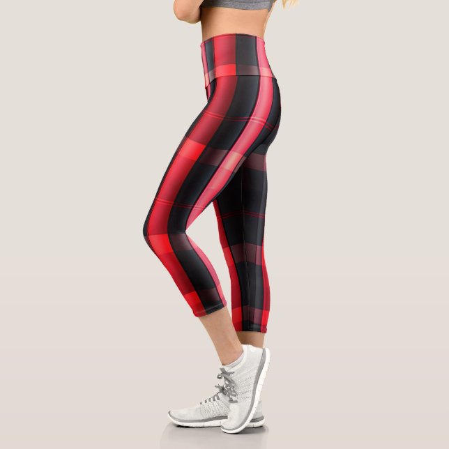 Trendy Abstract Red Black Plaid Collection Capri Leggings (Left)