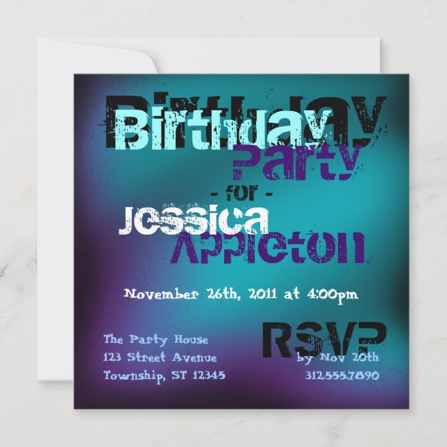Trendy Abstract Teal & Violet Birthday Invitations (Front)