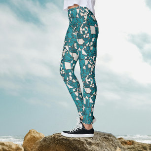 Trendy Abstract Turquoise Mosaic Geometric Pattern Leggings