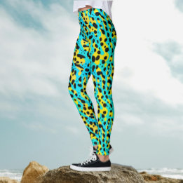 Trendy Abstract Turquoise Yellow Leopard Pattern  Leggings